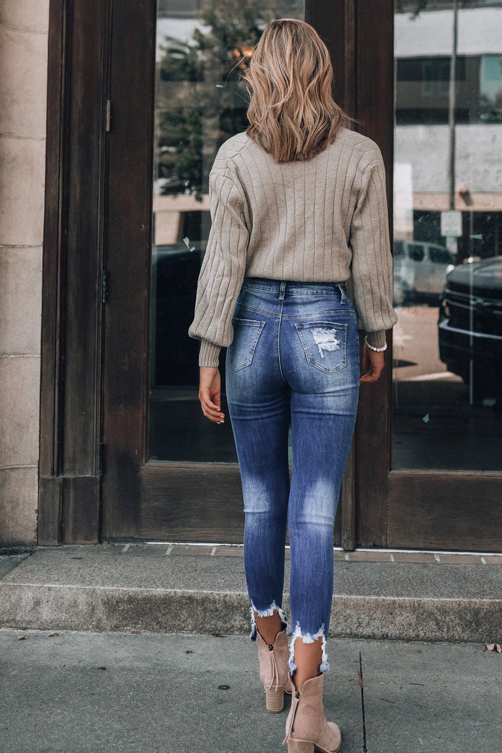 Dark Blue Washed Distressed Slits Skinny Jeans