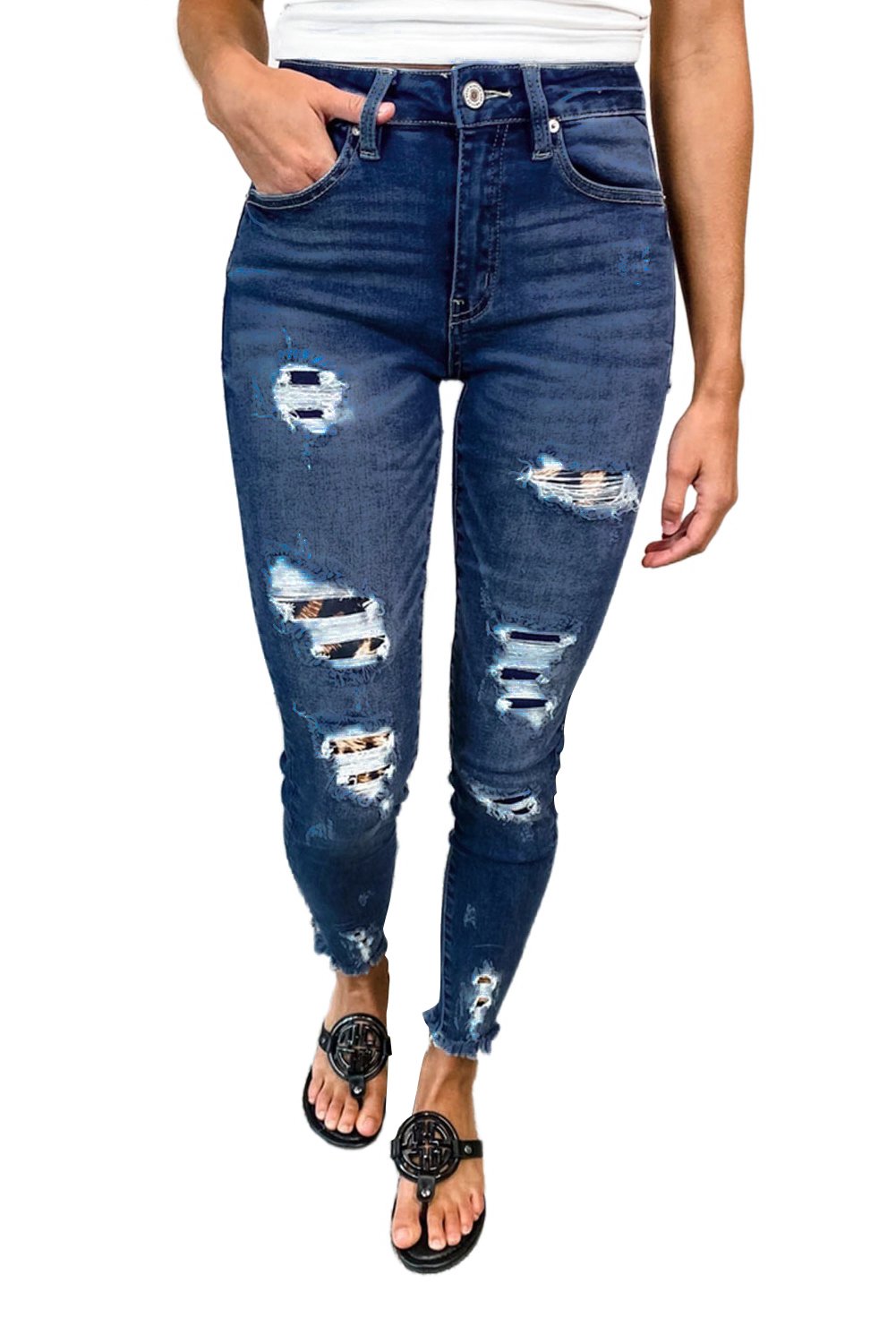 Dark Blue Leopard Patch Distressed Skinny Jeans