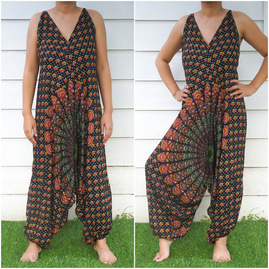 Black Chakra Hippie Jumpsuits, Boho Rompers, Festival Clothing